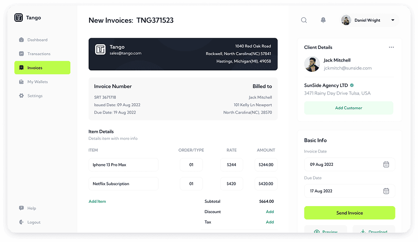 New invoice creation screen UI design of Tango app
