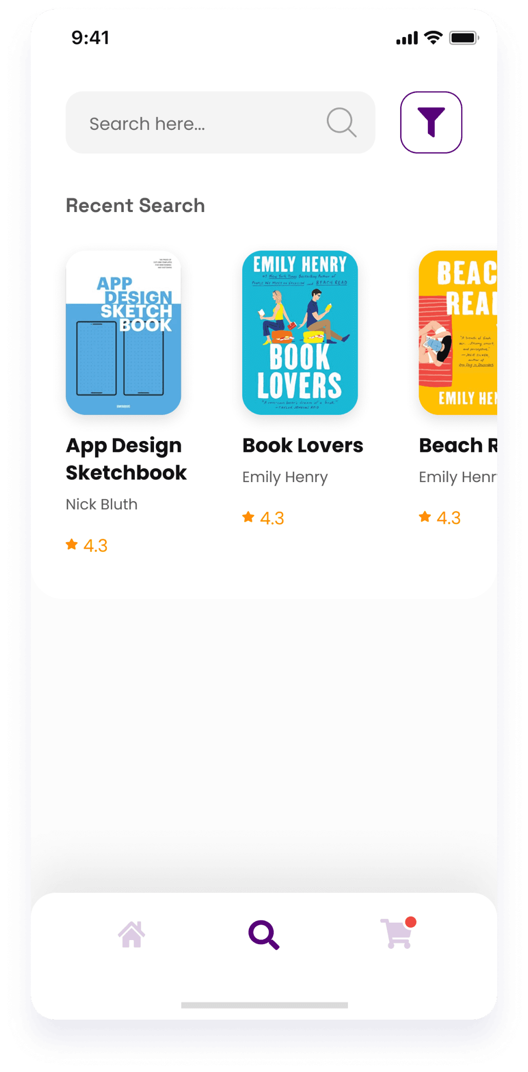 UI design of Starbooks app's search screen