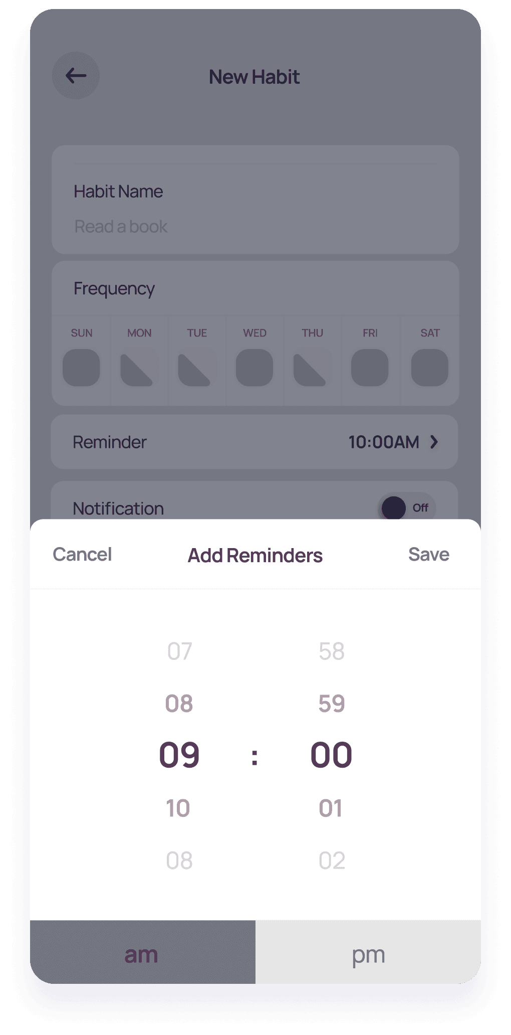 Wireframe of a LifeBalance screen for adding reminders for a habit