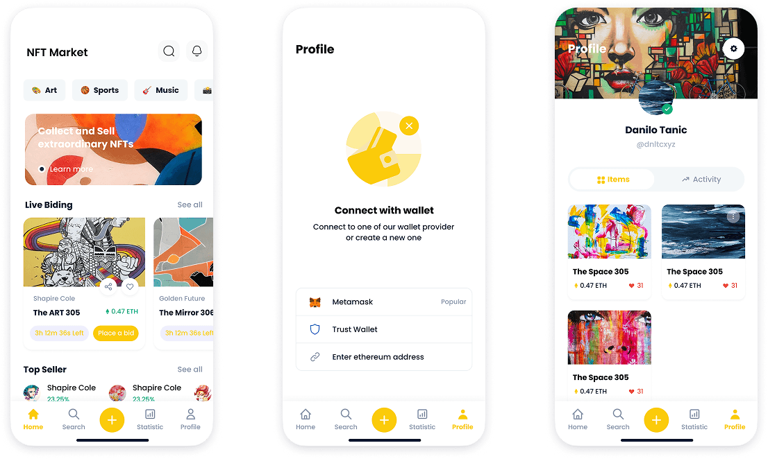 Mobile app design for NFT Store