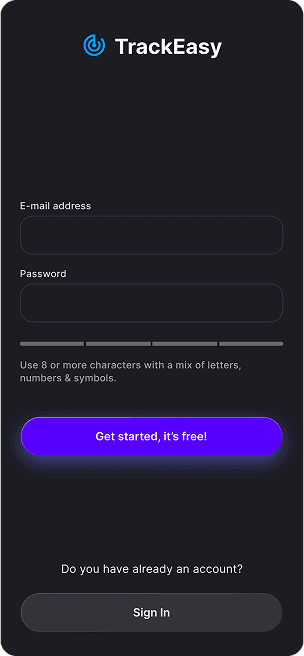 Registration screen UI design of TrackEasy app