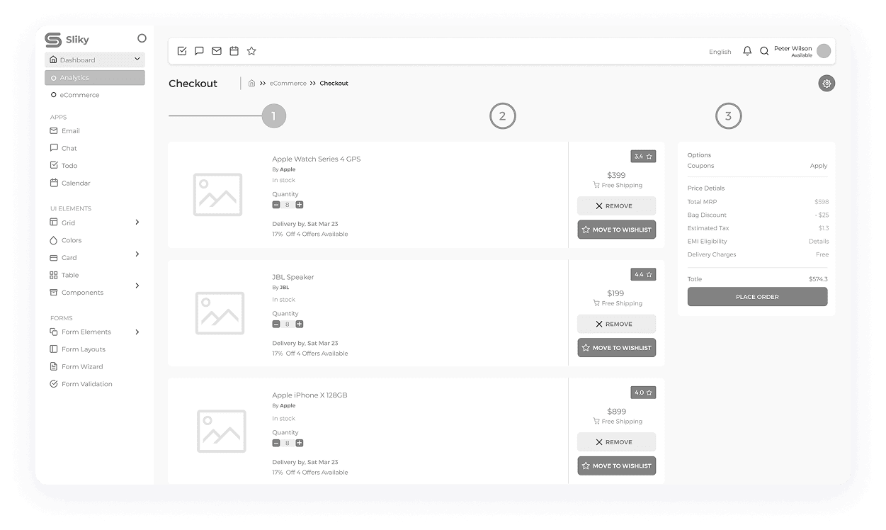 Sliky CRM main checkout dashboard wireframe