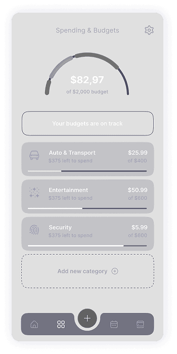 Budget management screen wireframe of TrackEasy app