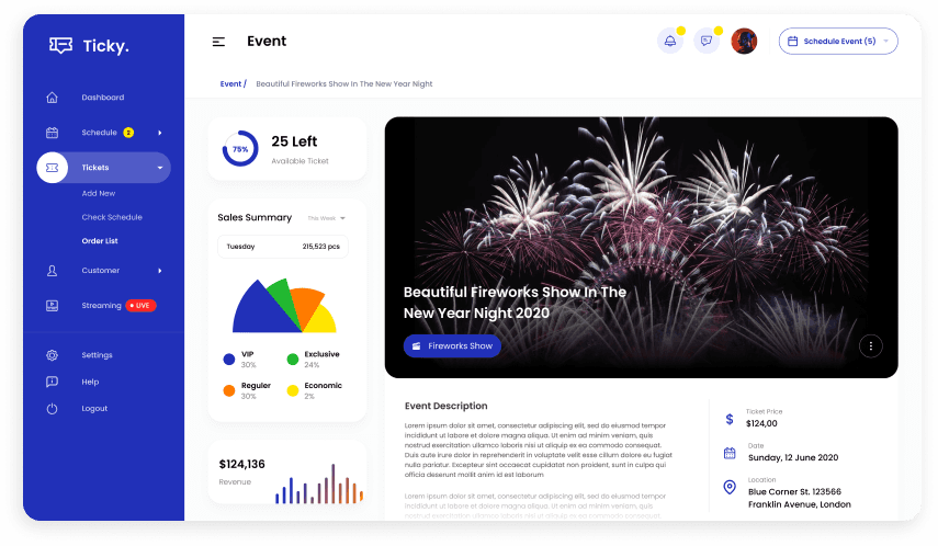 UI design of Ticky CRM event management screen
