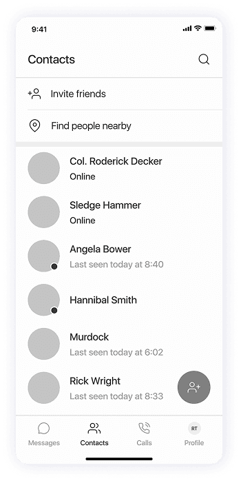 Wireframe of the Splash app-s contacts screen