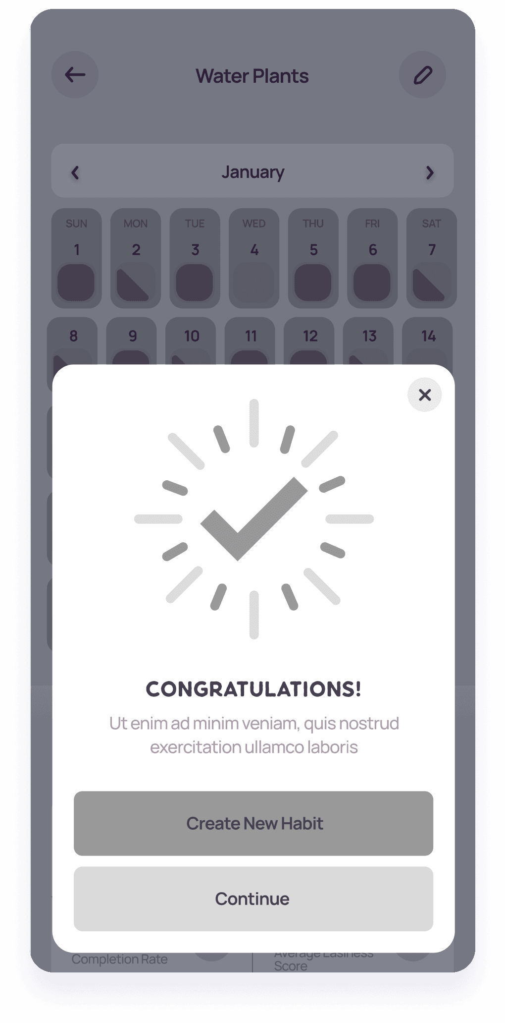 Wireframe of a LifeBalance screen displaying a congratulatory message for completing a habit