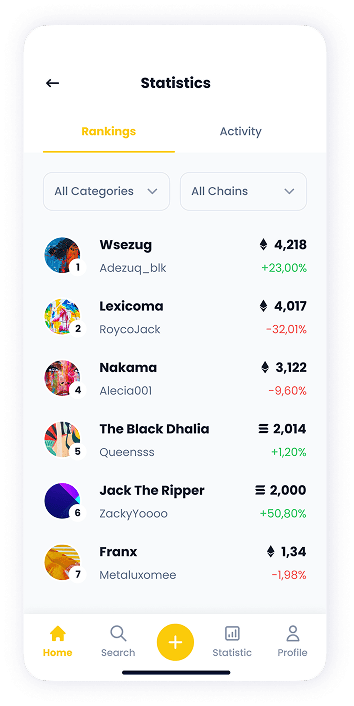 NFT Store statistics screen UI design