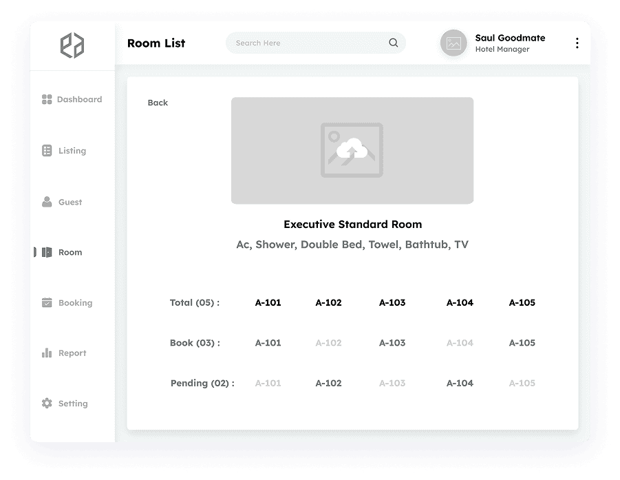 Room details screen wireframe in Elite Station CRM