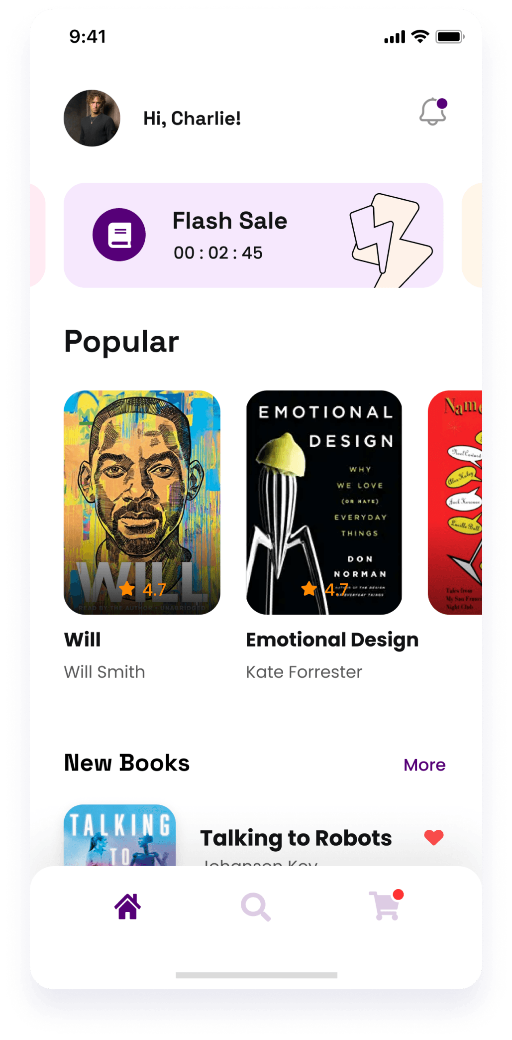 UI design of the Starbooks app home screen