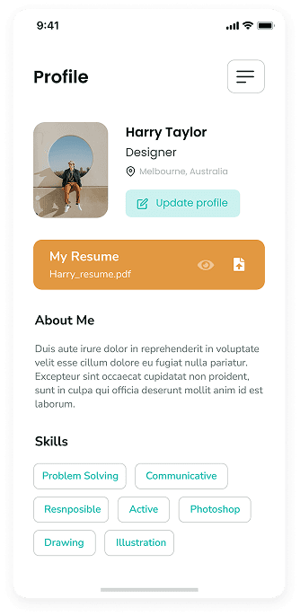 UI design of Rocket job portal app-s profile screen