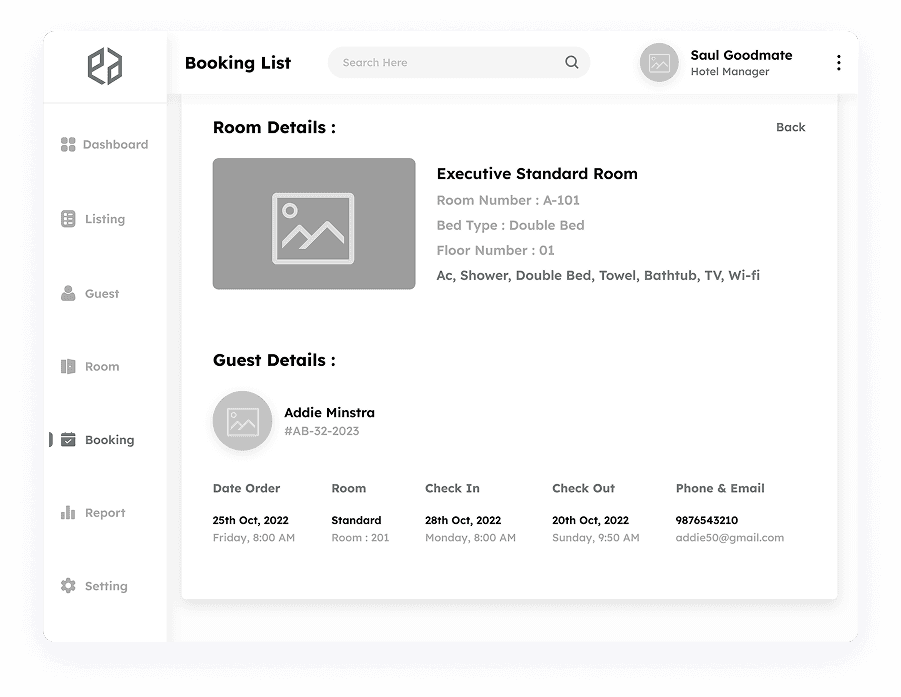 Wireframe of the booking details page in Elite Station CRM