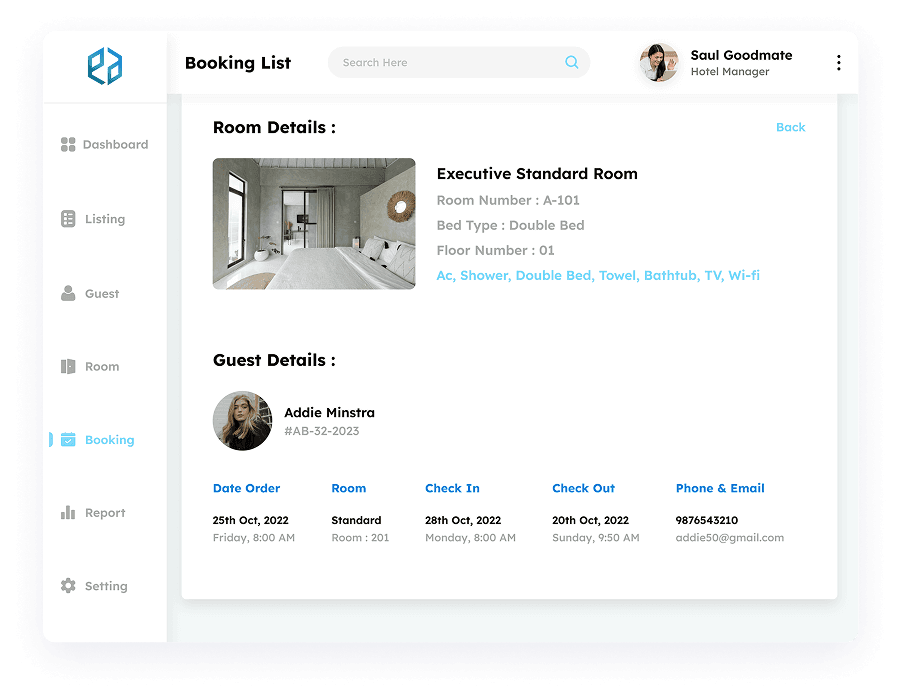 Visual design of the guest booking overview page in Elite Station CRM