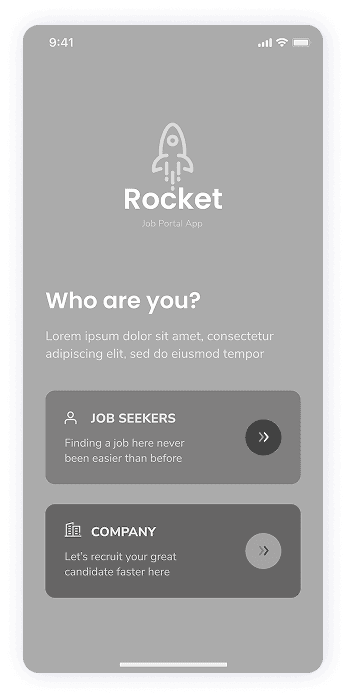 Rocket app wireframe depicting the user role selection screen