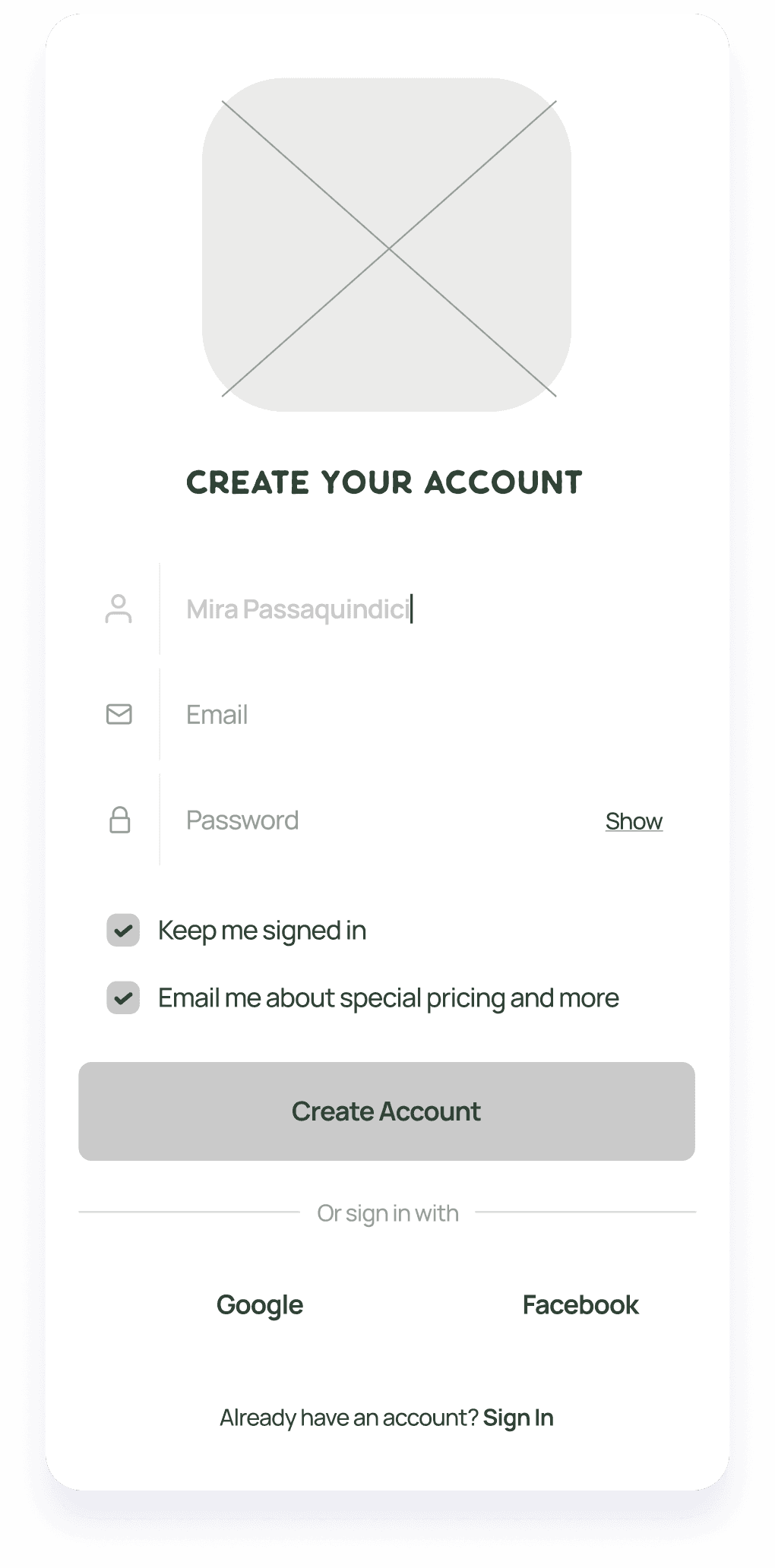 Wireframe of a LifeBalance account creation screen
