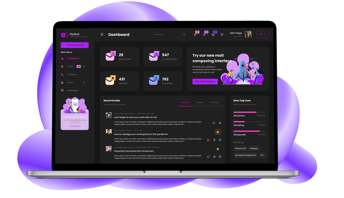 Email admin dashboard design