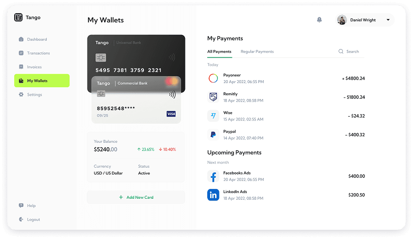 My wallets screen UI design of Tango app
