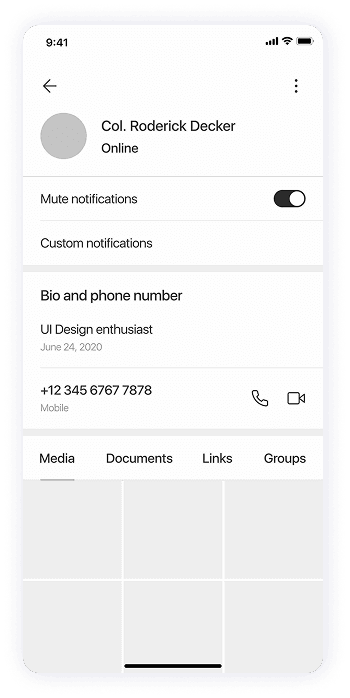 Wireframe of the Splash app-s contact profile screen