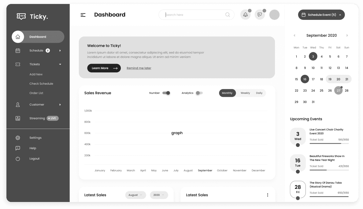 Wireframe of Ticky CRM main dashboard screen