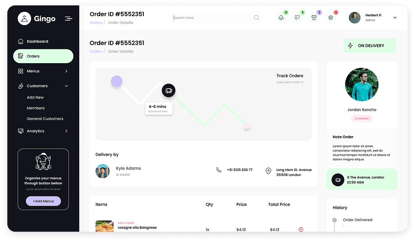 UI design of the Gingo admin panel order details screen