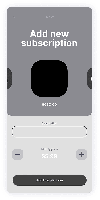 Wireframe design of TrackEasy app-s screen for adding new subscriptions