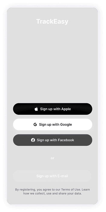 Wireframe of TrackEasy app-s sign-up screen