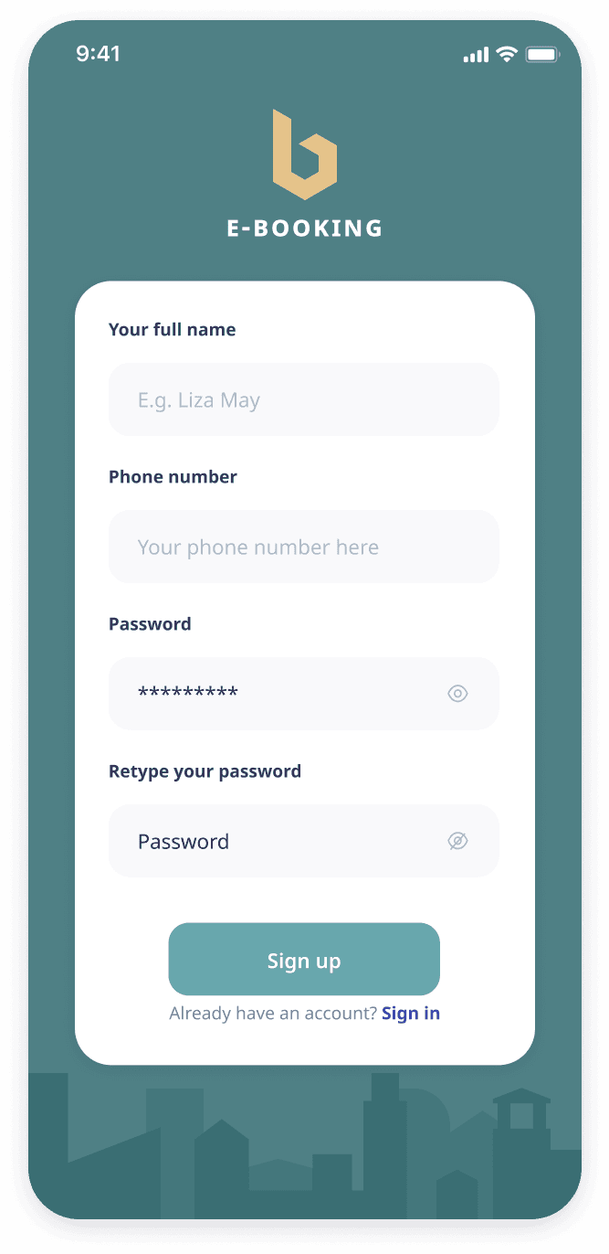 E-booking app sign up screen