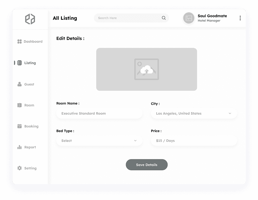 Wireframe of the Elite Station CRM room details edit page