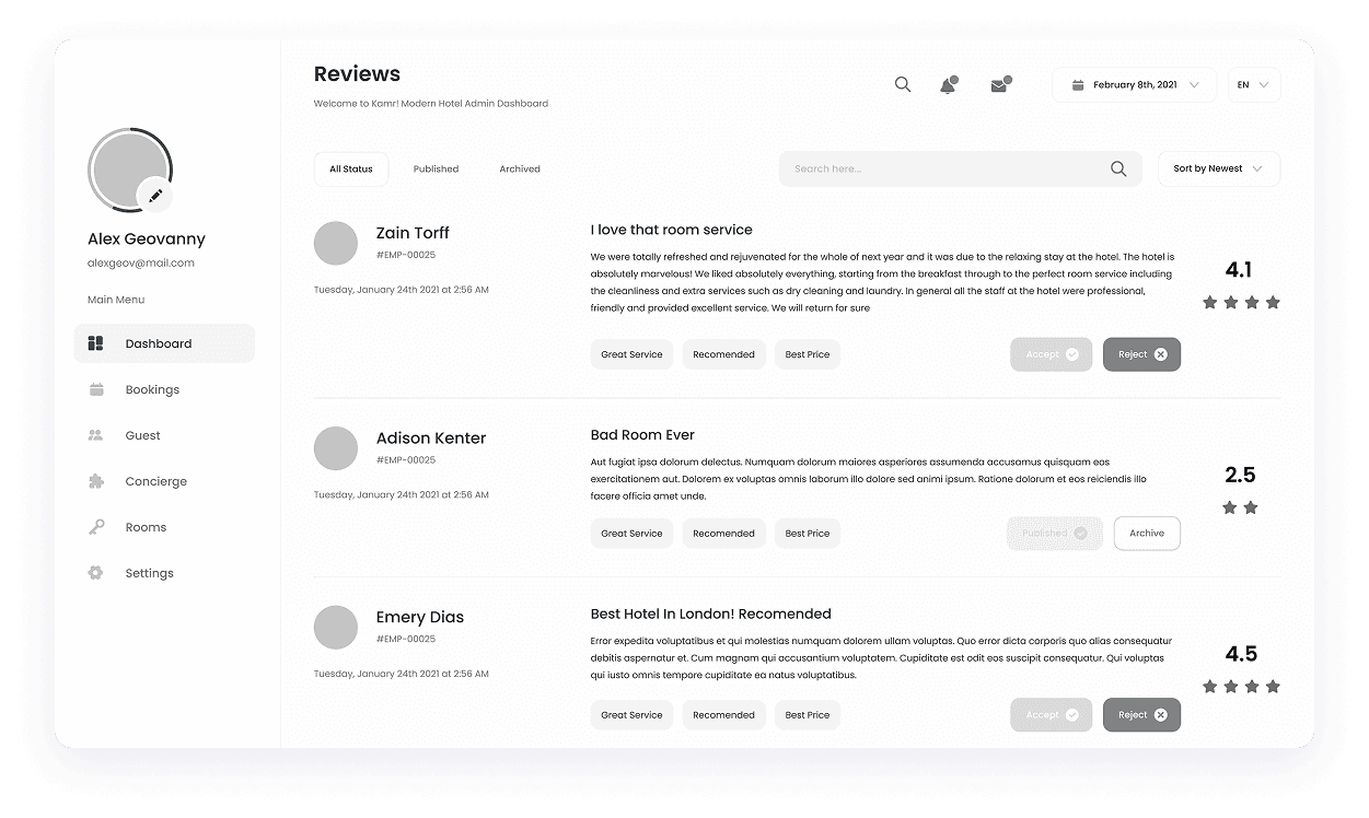 Wireframe of a review dashboard