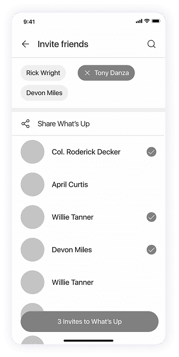 Wireframe of the Splash app-s invite friends screen