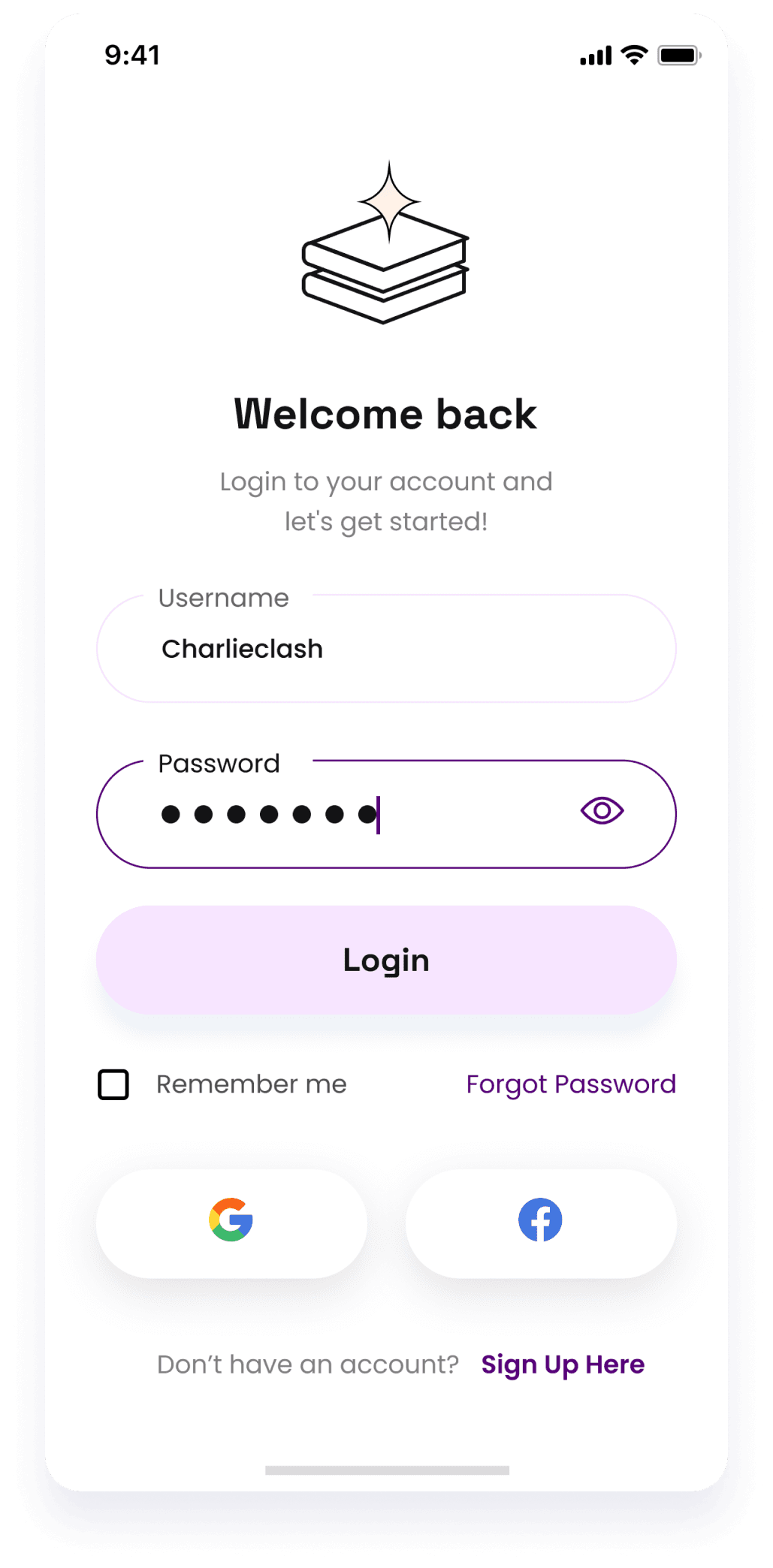 Starbooks app UI design displaying the welcome back screen