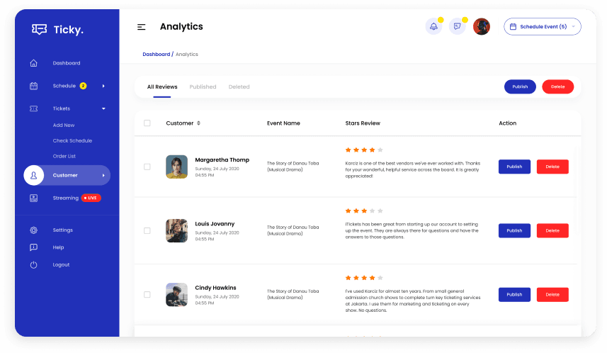 UI design of Ticky CRM reviews management screen