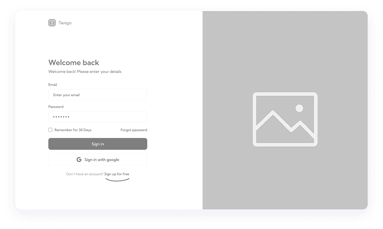 Wireframe of Tango app login screen