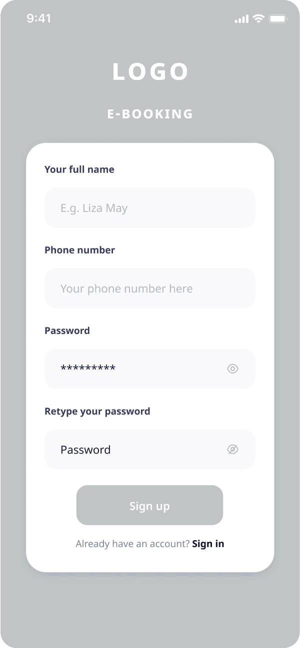 E-booking app registration form screen