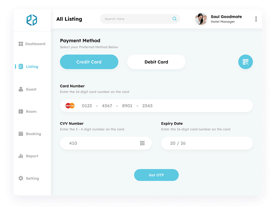 UI design of the payment method page in Elite Station CRM