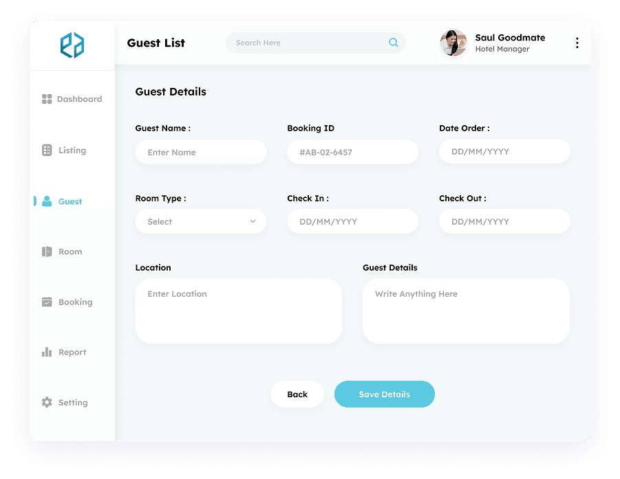 UI design of the guest details page in Elite Station CRM