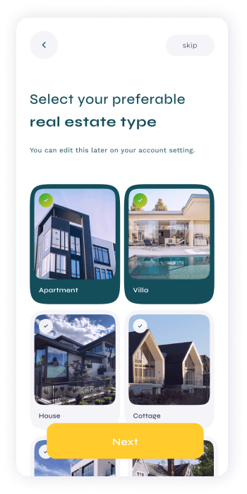 UI design of Turveyor property type selection screen