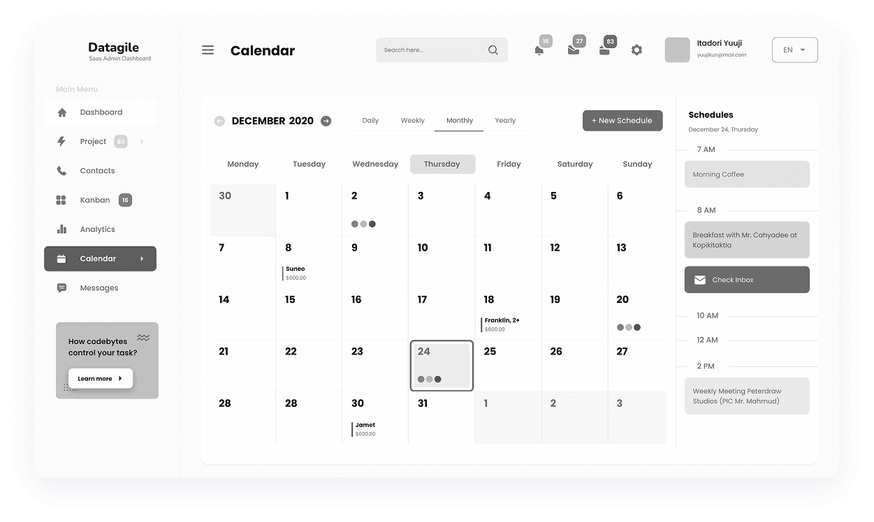 Wireframe of Datagile calendar dashboard