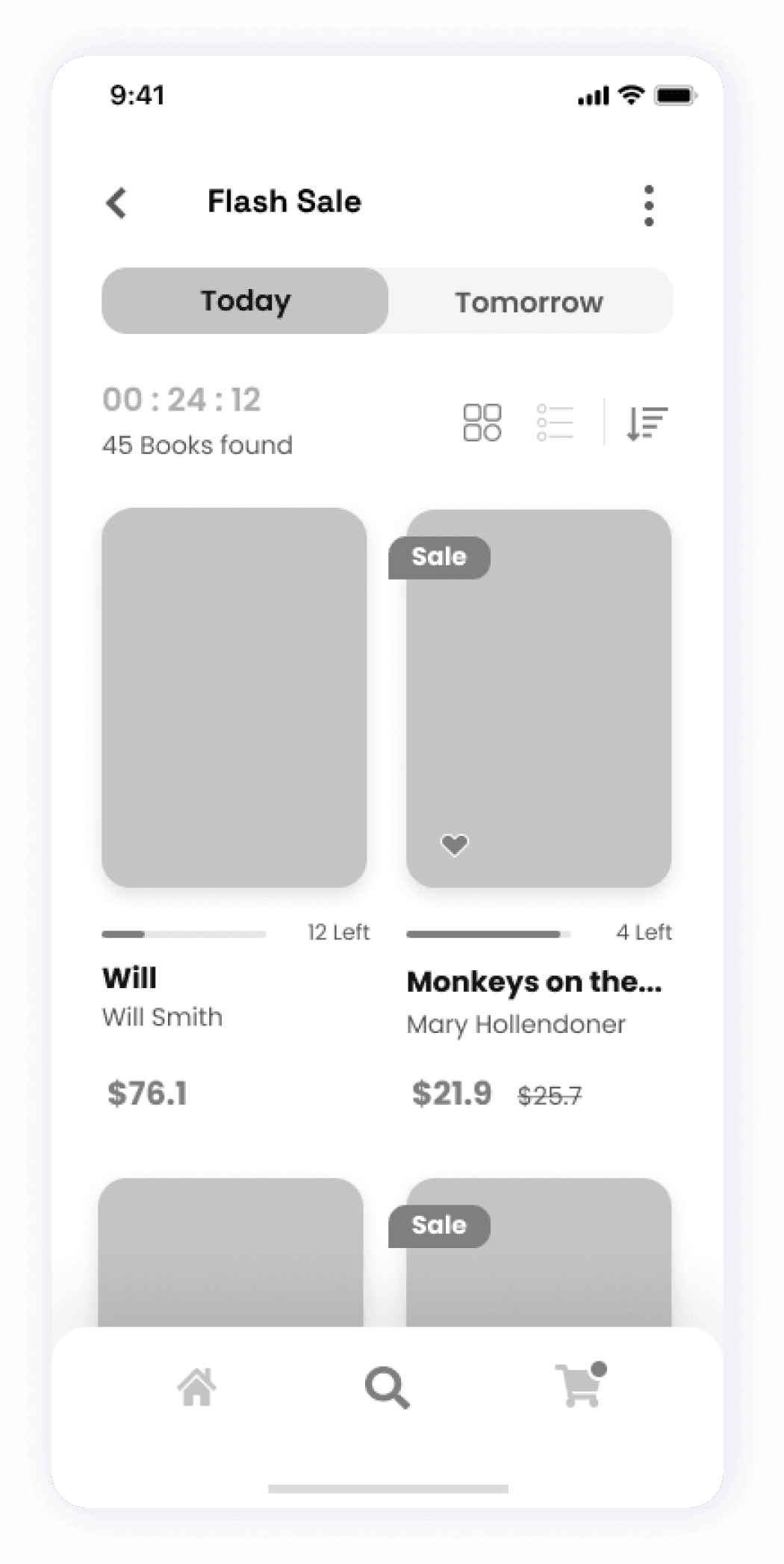 Wireframe of the Starbooks app showing the flash sale screen