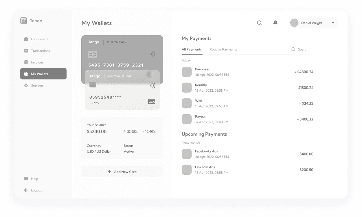 Wireframe of Tango app-s my wallets screen