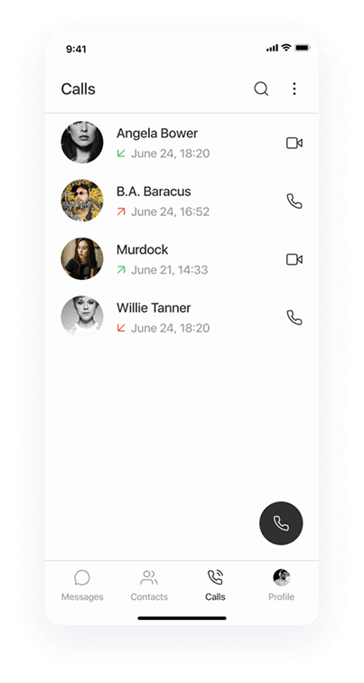 UI design of Splash app-s call history screen