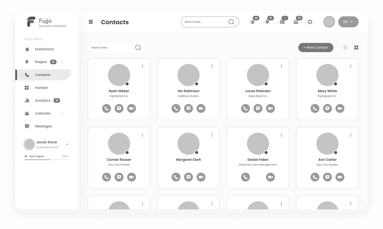 Fujjo contacts screen wireframe