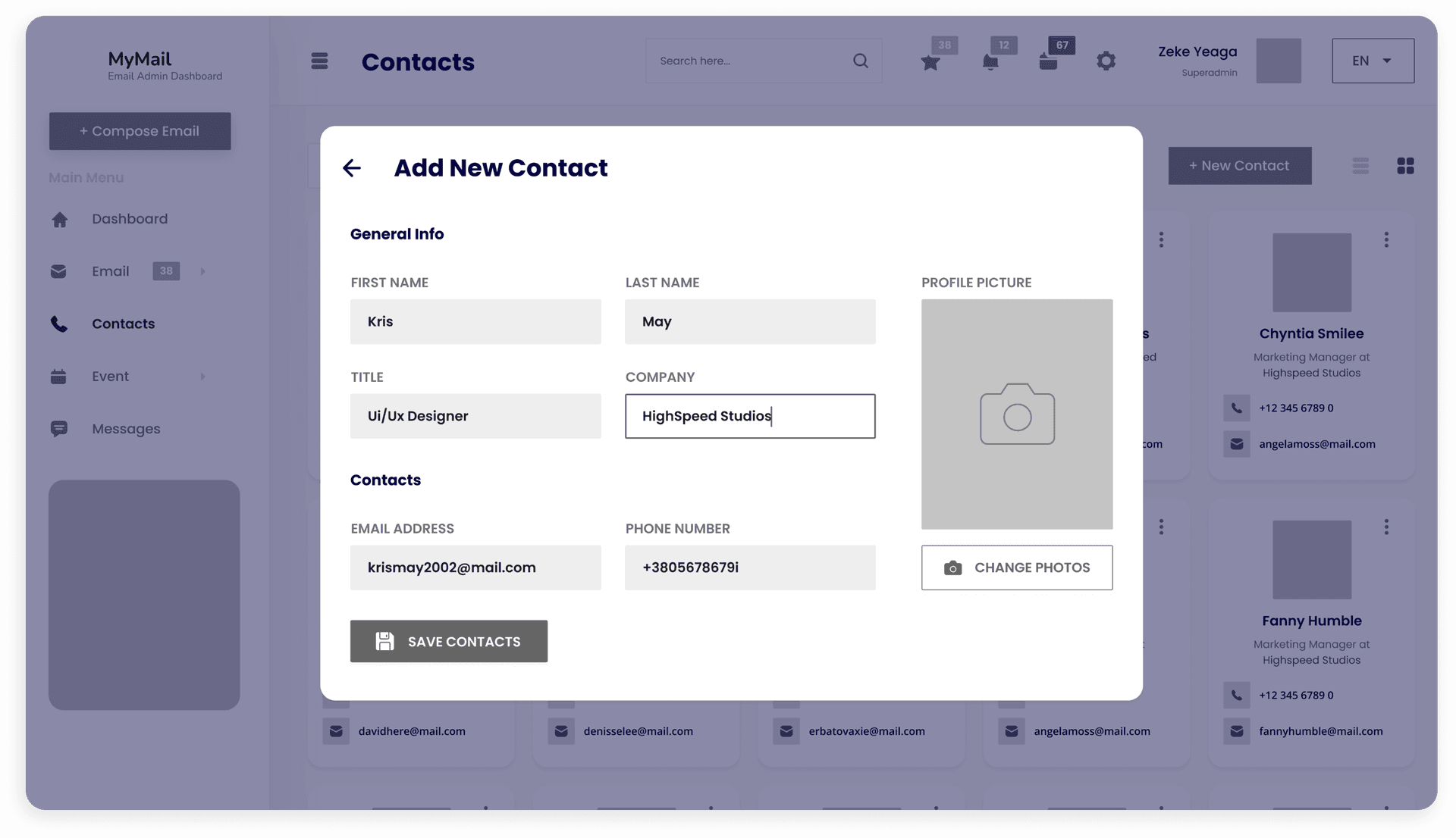 Wireframe of MyMail add new contact screen