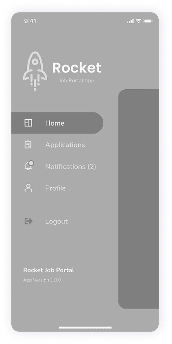Wireframe of Rocket app-s sidebar menu