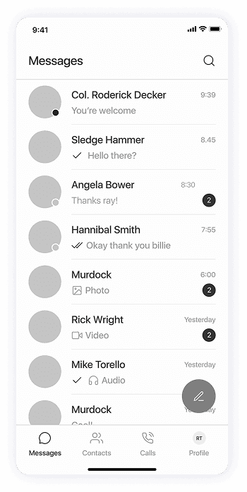 Wireframe of Splash app-s messages screen