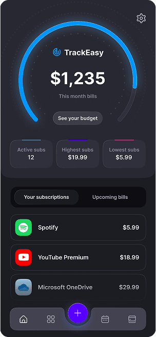 Dashboard screen UI design of TrackEasy app featuring a financial summary