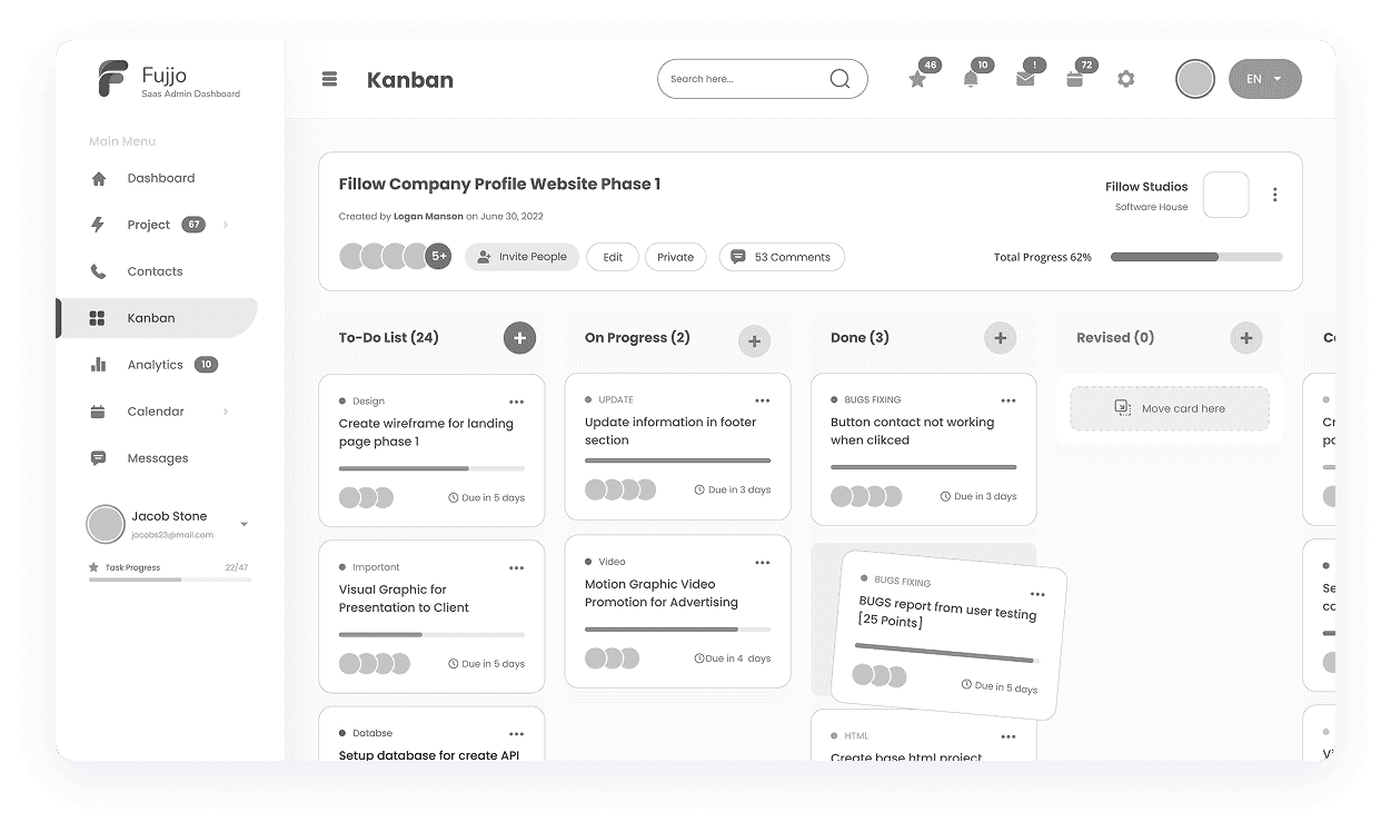 Fujjo app Kanban board wireframe