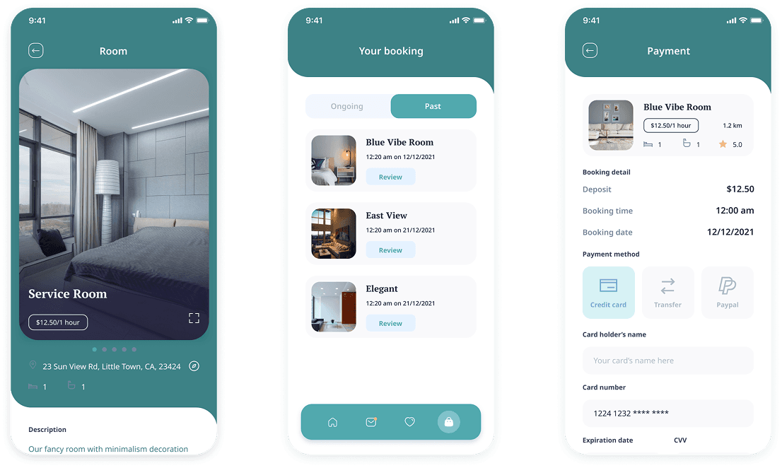 E-booking app screenshots showing apartment reservation process