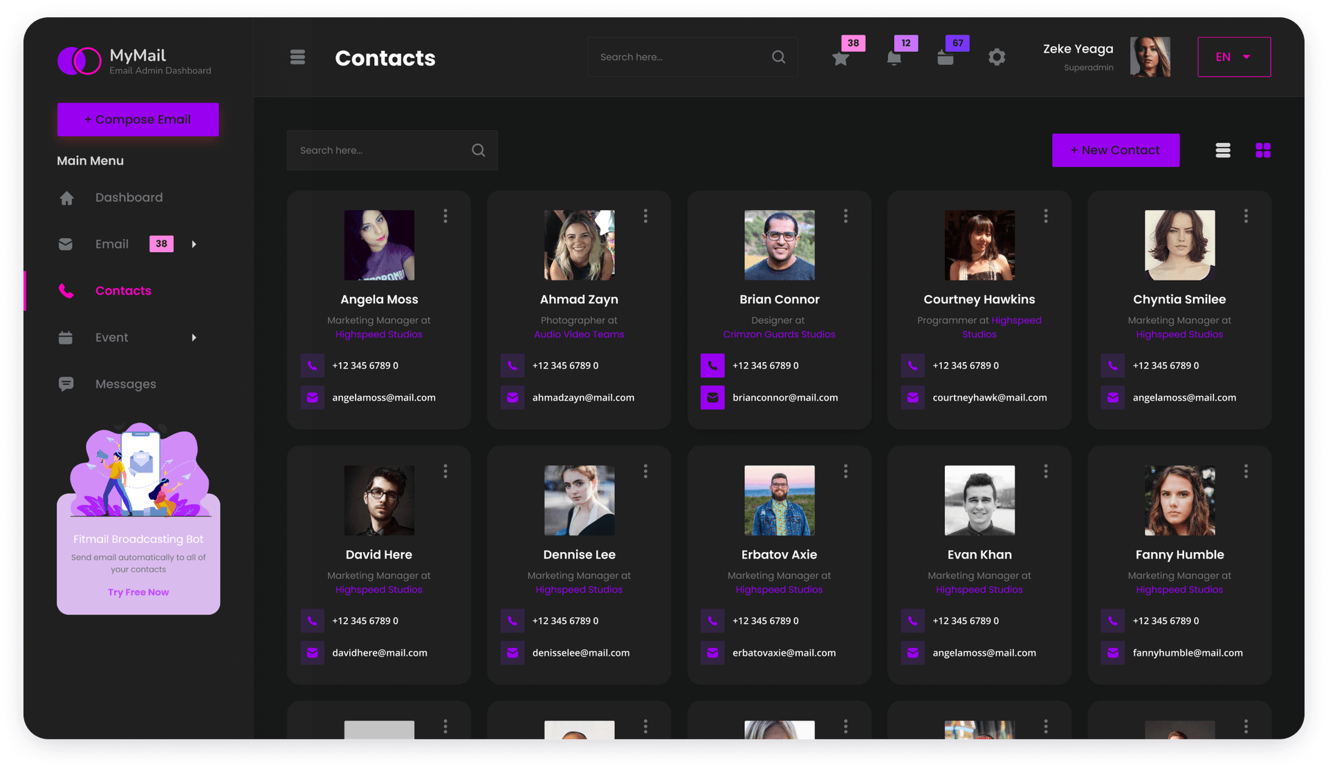 UI design of MyMail contacts screen