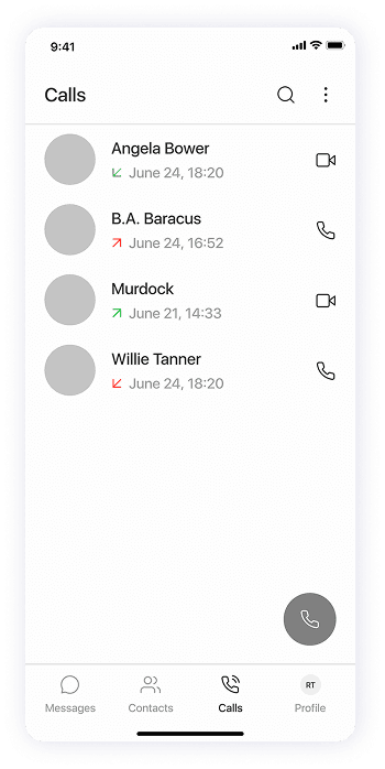 Wireframe of Splash app-s call history screen