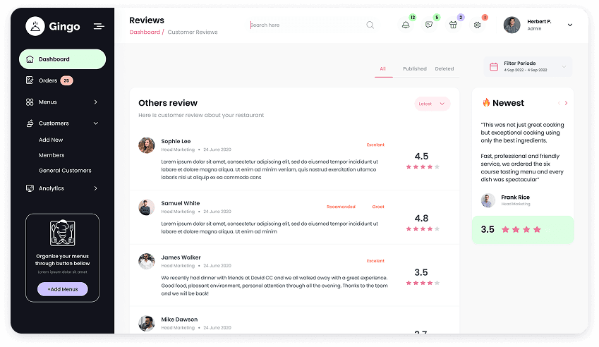 UI design of the Gingo admin panel reviews screen